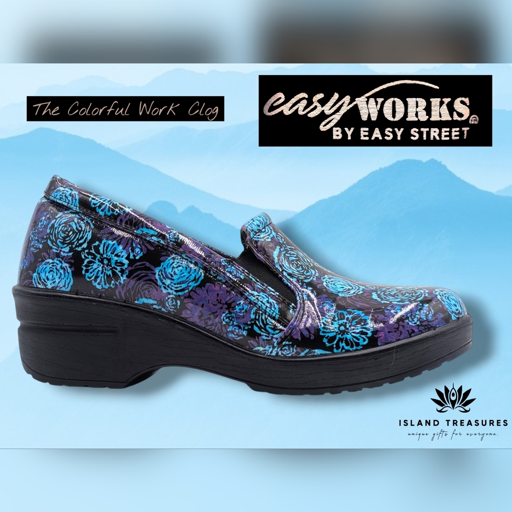 Easy Works Sz 6.5M Blue Floral Clogs Slip-Resistant Stability Balance Enhanced